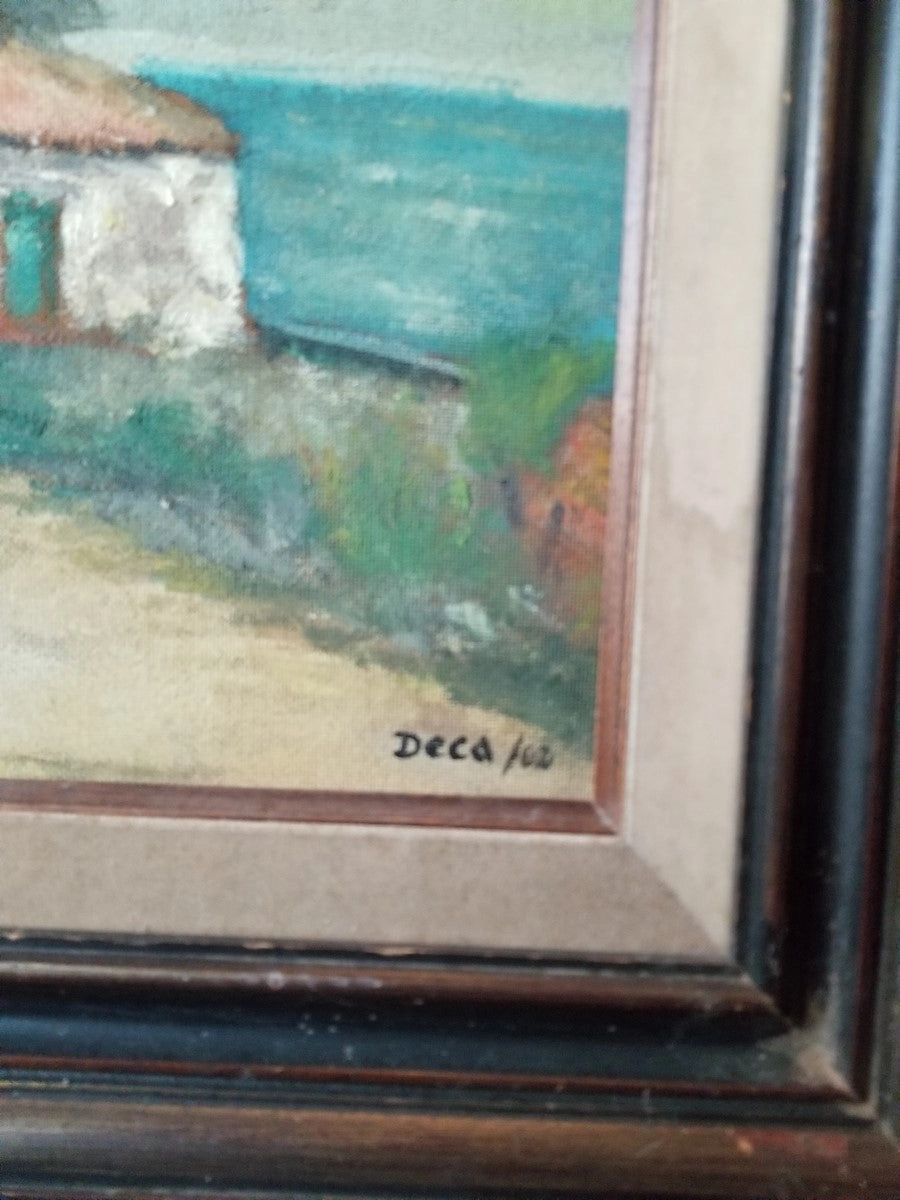 VERTICAL LANDSCAPE OIL PAINTING OF HOUSE AND TREES signed DECA/62