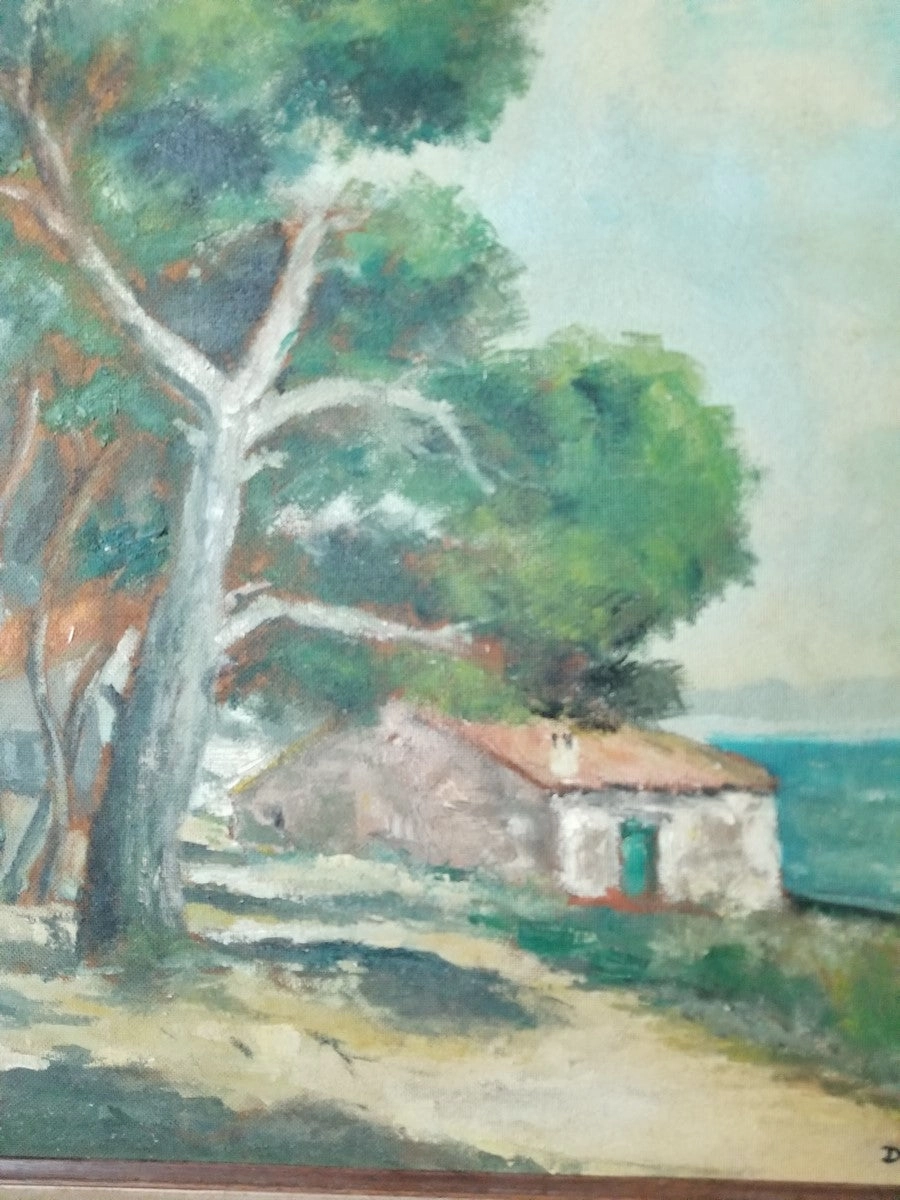 VERTICAL LANDSCAPE OIL PAINTING OF HOUSE AND TREES signed DECA/62
