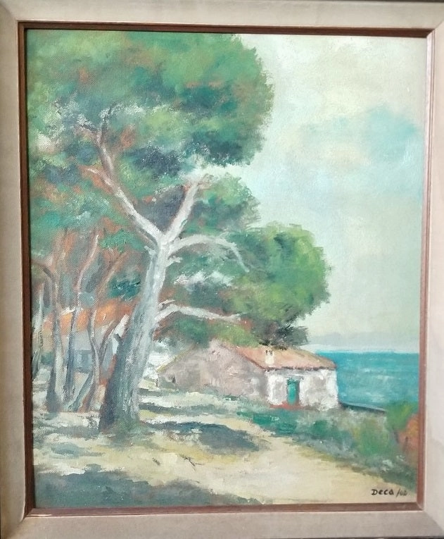 VERTICAL LANDSCAPE OIL PAINTING OF HOUSE AND TREES signed DECA/62