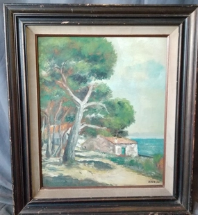 VERTICAL LANDSCAPE OIL PAINTING OF HOUSE AND TREES signed DECA/62 classic mural painting
