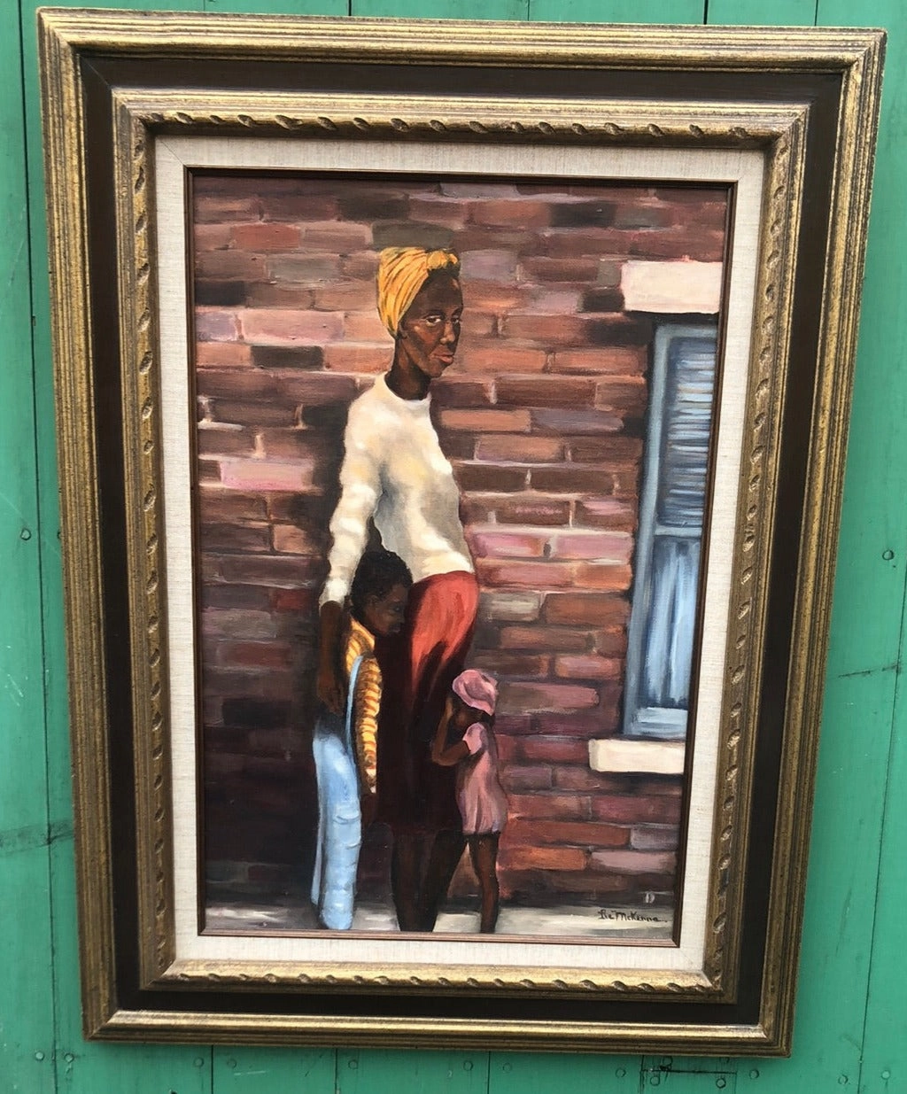 VERTICAL OI PAINTING OF A BLACK WOMAN AND 2 CHILDREN SIGNED LEE MCKENNA classic mural painting