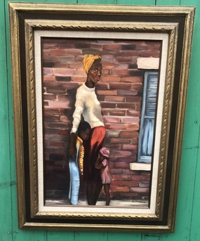 VERTICAL OI PAINTING OF A BLACK WOMAN AND 2 CHILDREN SIGNED LEE MCKENNA classic mural painting