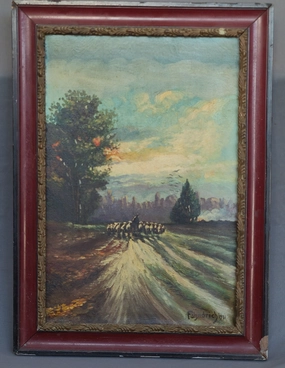 VERTICAL OIL PAINTING OF A SHEPERD FROM 1931 BY FAHNRICH classic mural painting