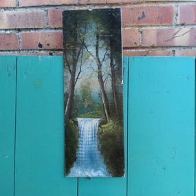 VERTICAL OIL PAINTING OF A WATERFALL ON BOARD classic mural painting