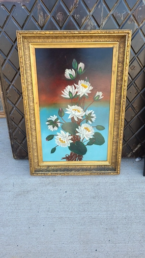 VERTICAL OIL PAINTING OF BLOOMING WATER LILIES IN ANTIQUE FRAME classic mural painting