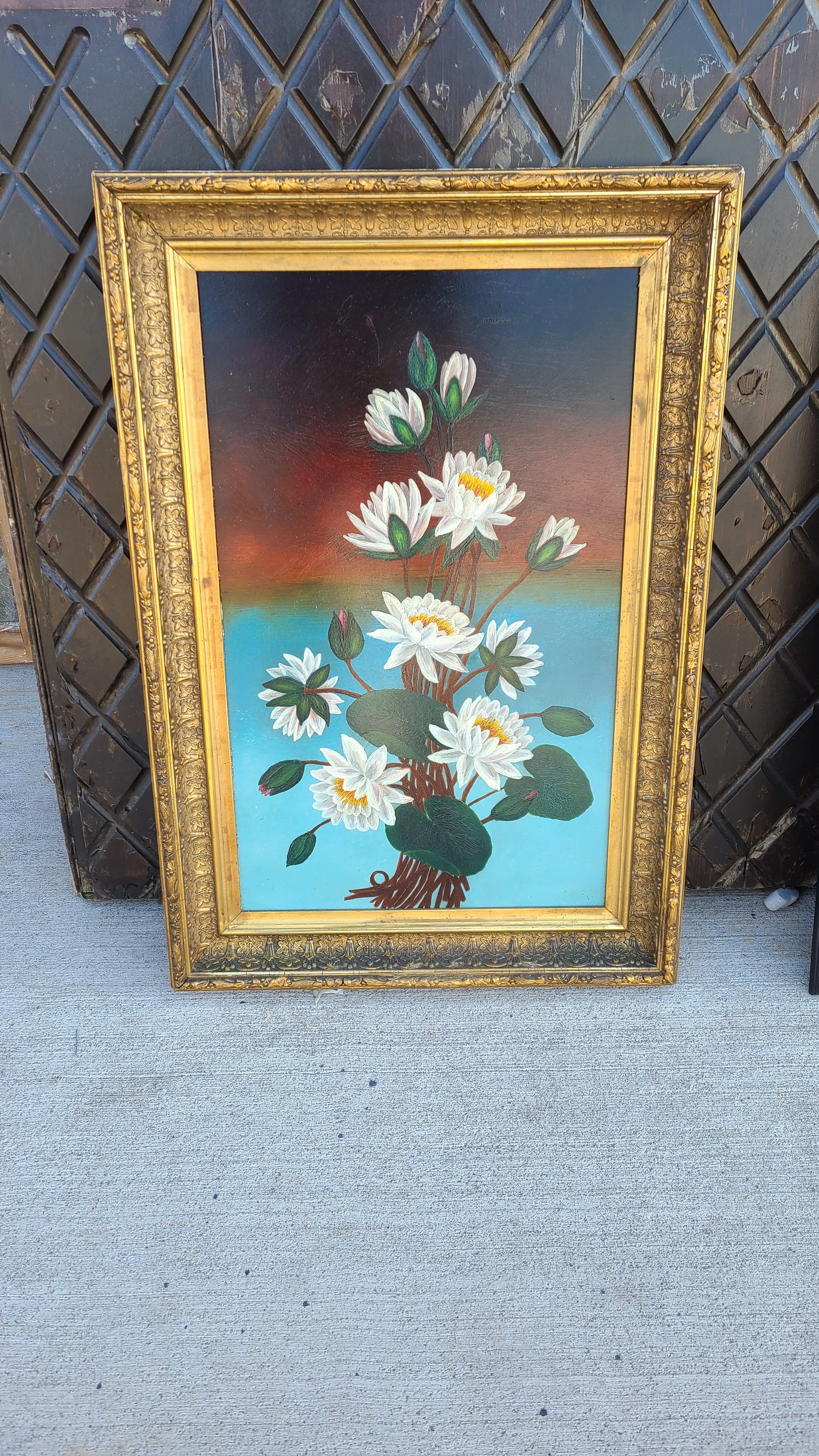 VERTICAL OIL PAINTING OF BLOOMING WATER LILIES IN ANTIQUE FRAME classic mural painting