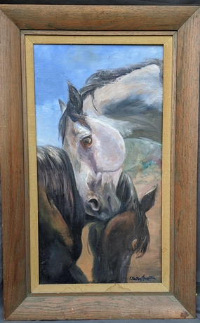 VERTICAL OIL PAINTING OF HORSE BUDDIES BY CYNTHIA HAMPTON classic mural painting
