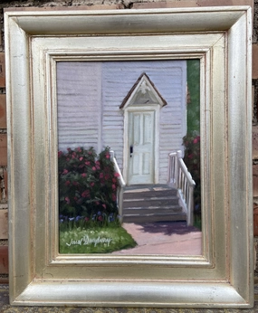 VERTICAL OIL PAINTING ON CANVAS OF CLAPBOARD CHURCH- SIGNED classic mural painting