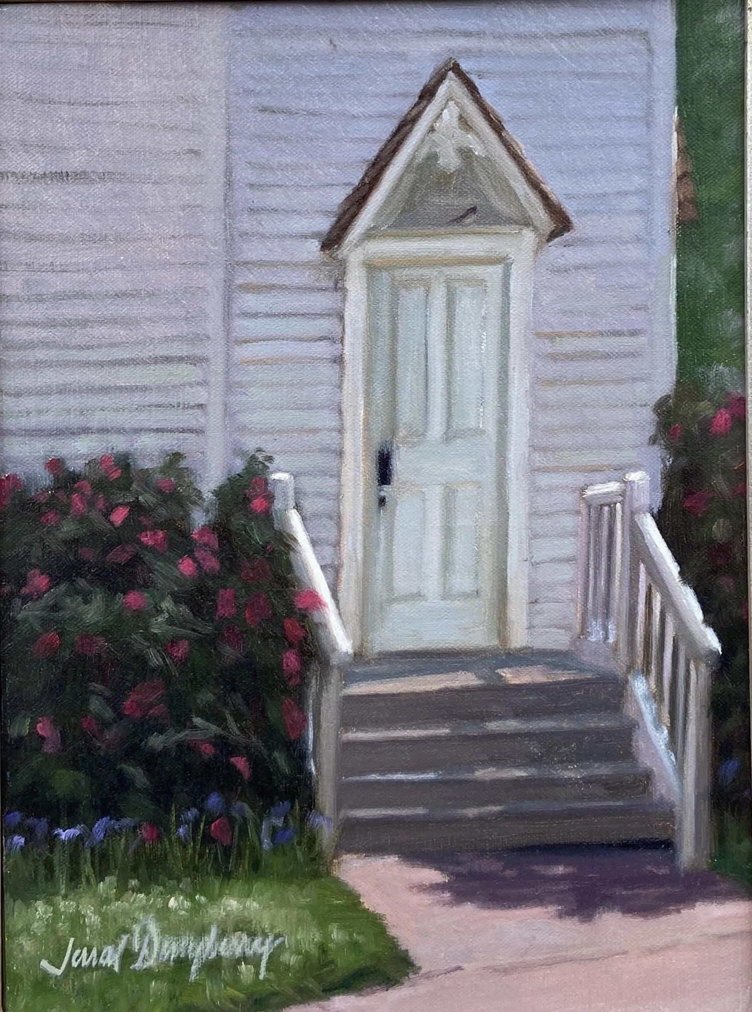 VERTICAL OIL PAINTING ON CANVAS OF CLAPBOARD CHURCH- SIGNED