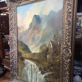 VERTICAL OIL PAINTING ON CANVAS WITH MOUNTAINS & WATERFALL BY MONTGOMERY ANSEL (AS FOUND) classic mural painting