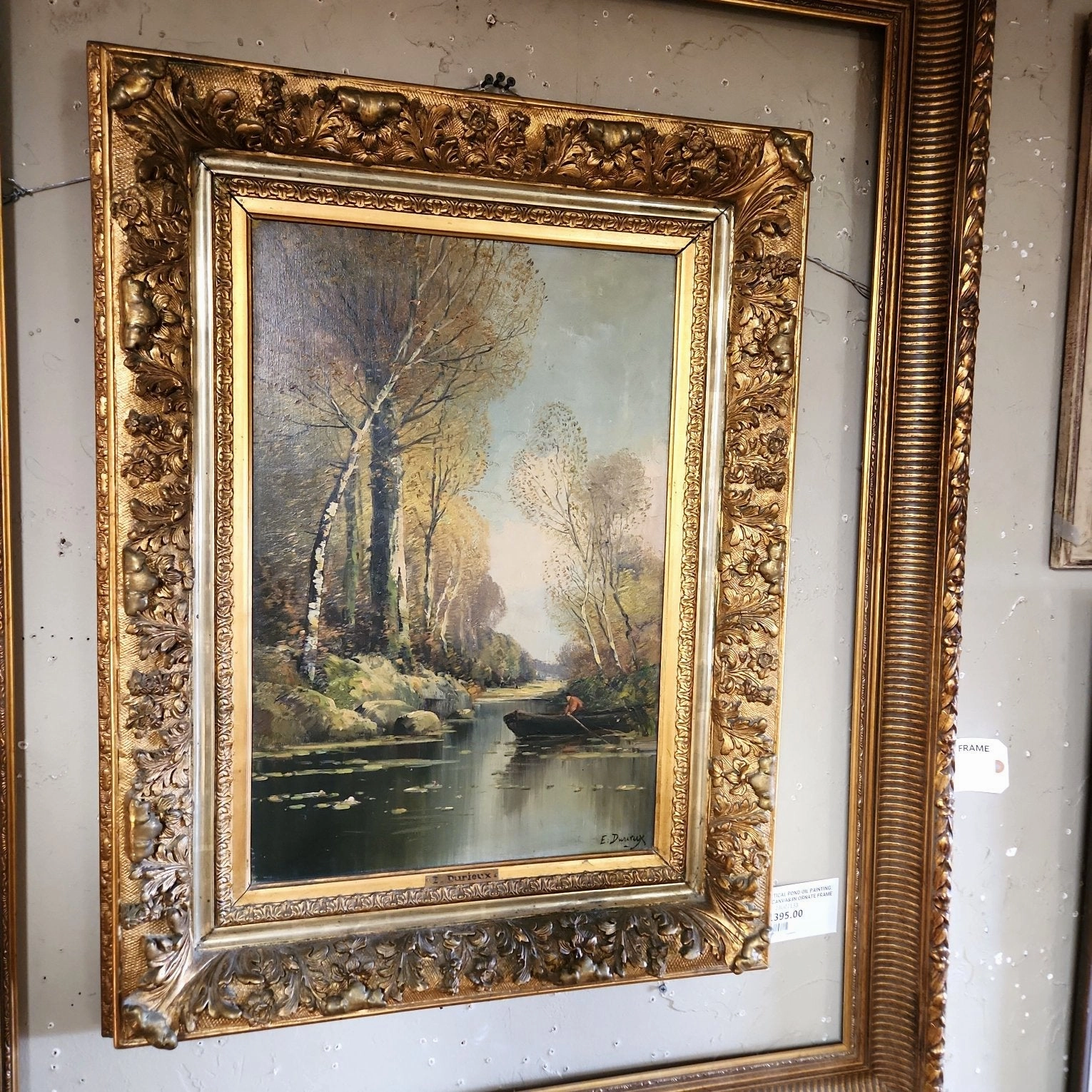 VERTICAL POND OIL PAINTING ON CANVAS IN ORNATE FRAME classic mural painting