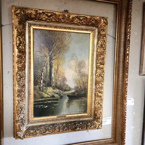 VERTICAL POND OIL PAINTING ON CANVAS IN ORNATE FRAME classic mural painting