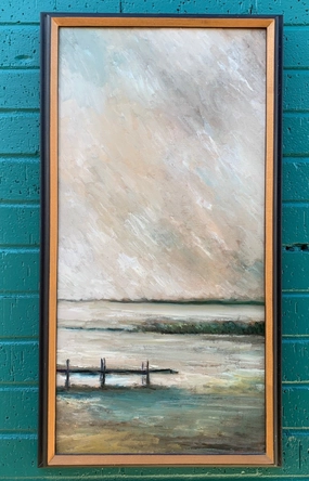 VERTICAL VINTAGE OIL PAINTING OF DOCK ON LAKE ON STORMY DAY classic mural painting