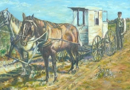 VINTAGE PAINTING OF HORSE DRAWN CARRIAGE