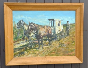 VINTAGE PAINTING OF HORSE DRAWN CARRIAGE classic mural painting