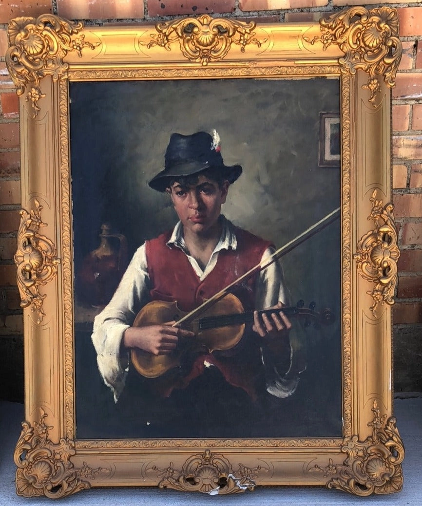 VIOLINIST OIL PAINTING ON CANVAS AS FOUND classic mural painting