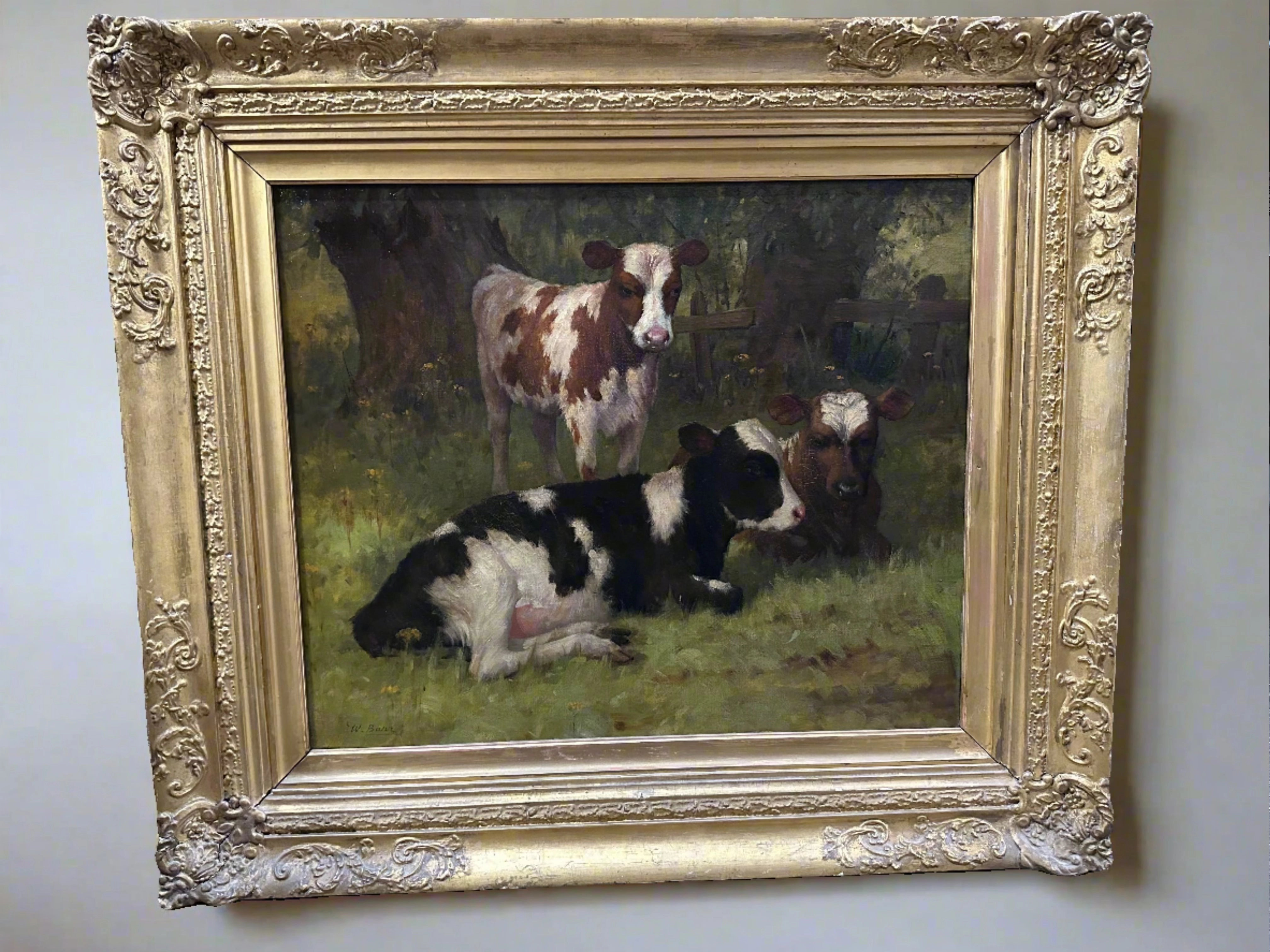 W BARR OIL PAINTING OF COWS IN GOLD FRAME classic mural painting