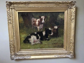 W BARR OIL PAINTING OF COWS IN GOLD FRAME classic mural painting