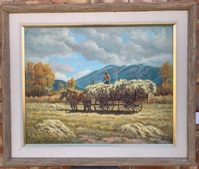 WAGON AND HAYSTACK OIL PAINTING BY BOB TAYLOR classic mural painting