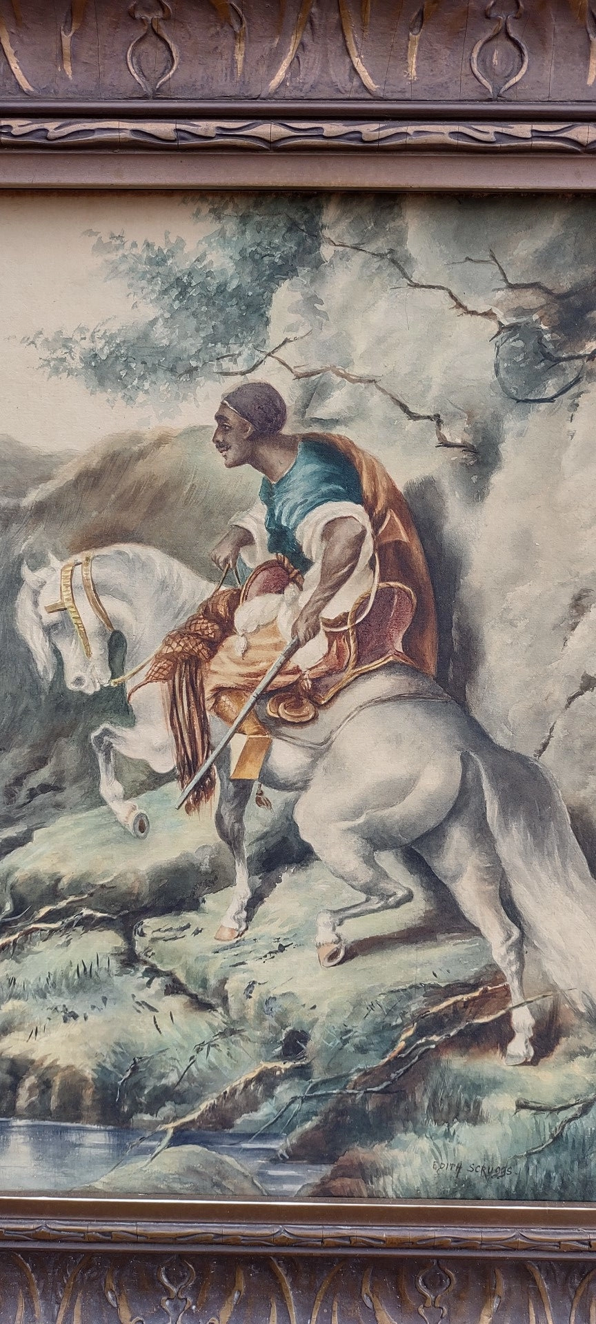WATER COLOR PAINTING OF A SWARTHY MAN ON A HORSE
