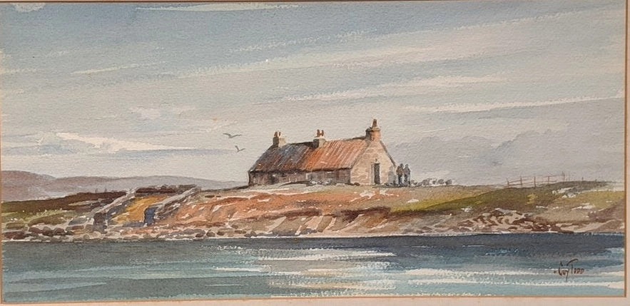 WATER COLOR PAINTING OF HOUSE ALONG A ROCKY COAST BY COY TODD
