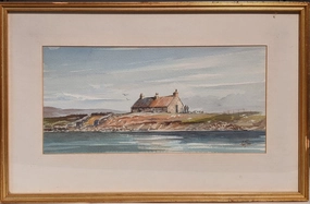 WATER COLOR PAINTING OF HOUSE ALONG A ROCKY COAST BY COY TODD classic mural painting