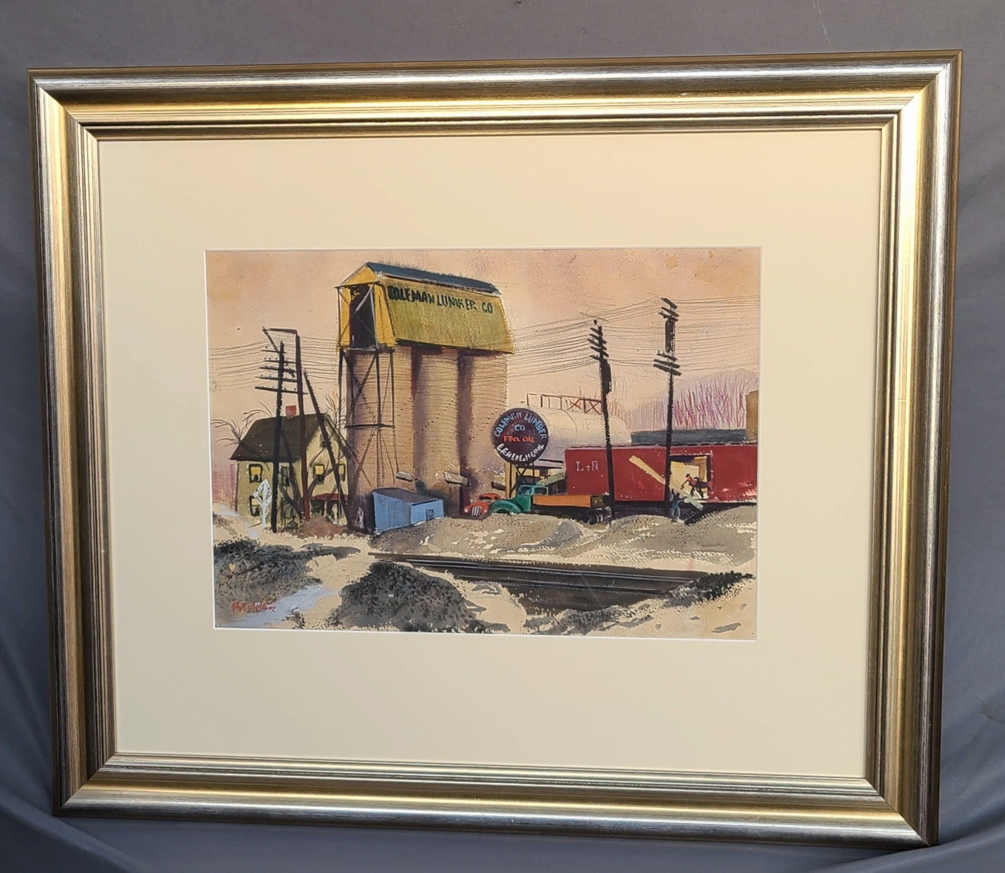 WATER COLOR PAINTING OF RAILROAD DEPOT AND LUMBER classic mural painting