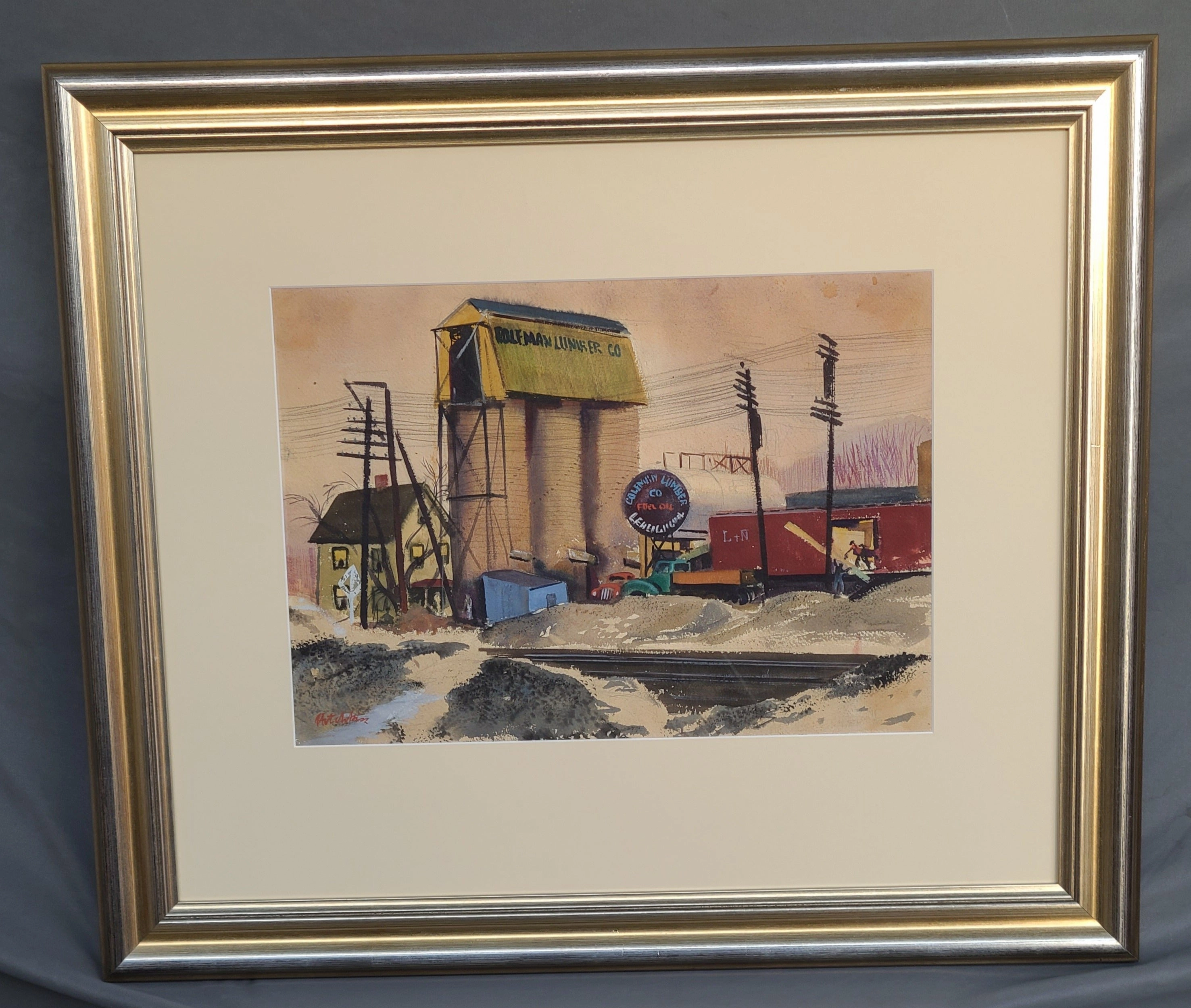 WATER COLOR PAINTING OF RAILROAD DEPOT AND LUMBER