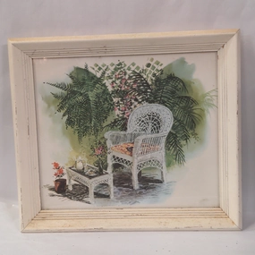 WATERCOLOR A WICKER CHAIR IN WHITE FRAME classic mural painting