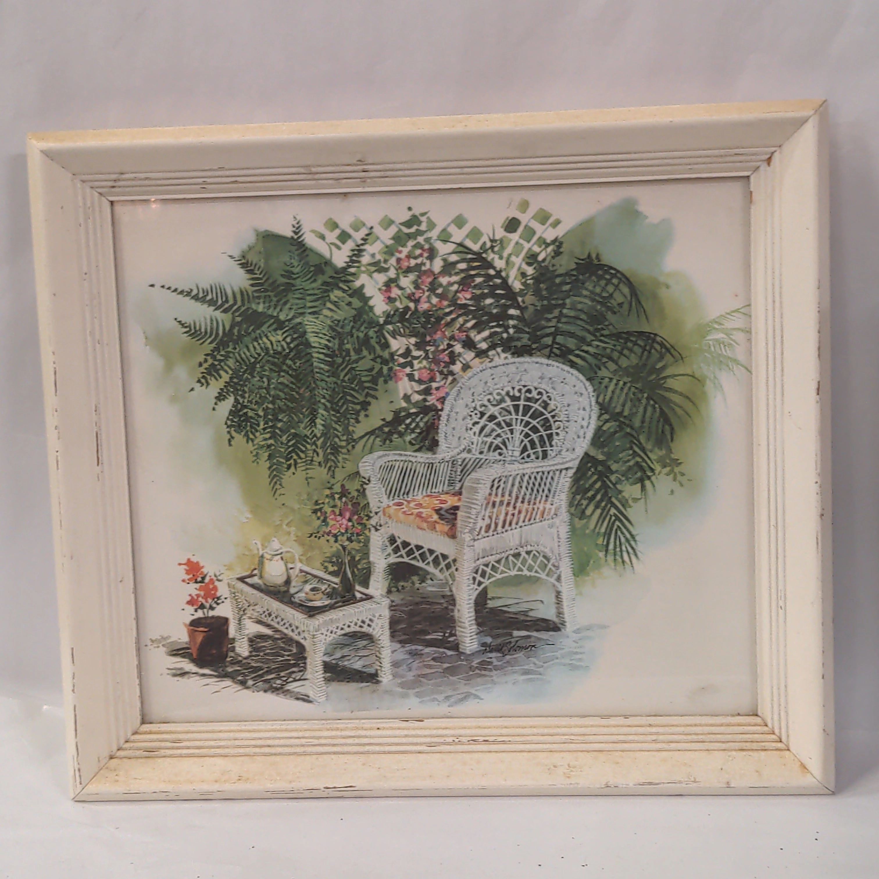 WATERCOLOR A WICKER CHAIR IN WHITE FRAME classic mural painting