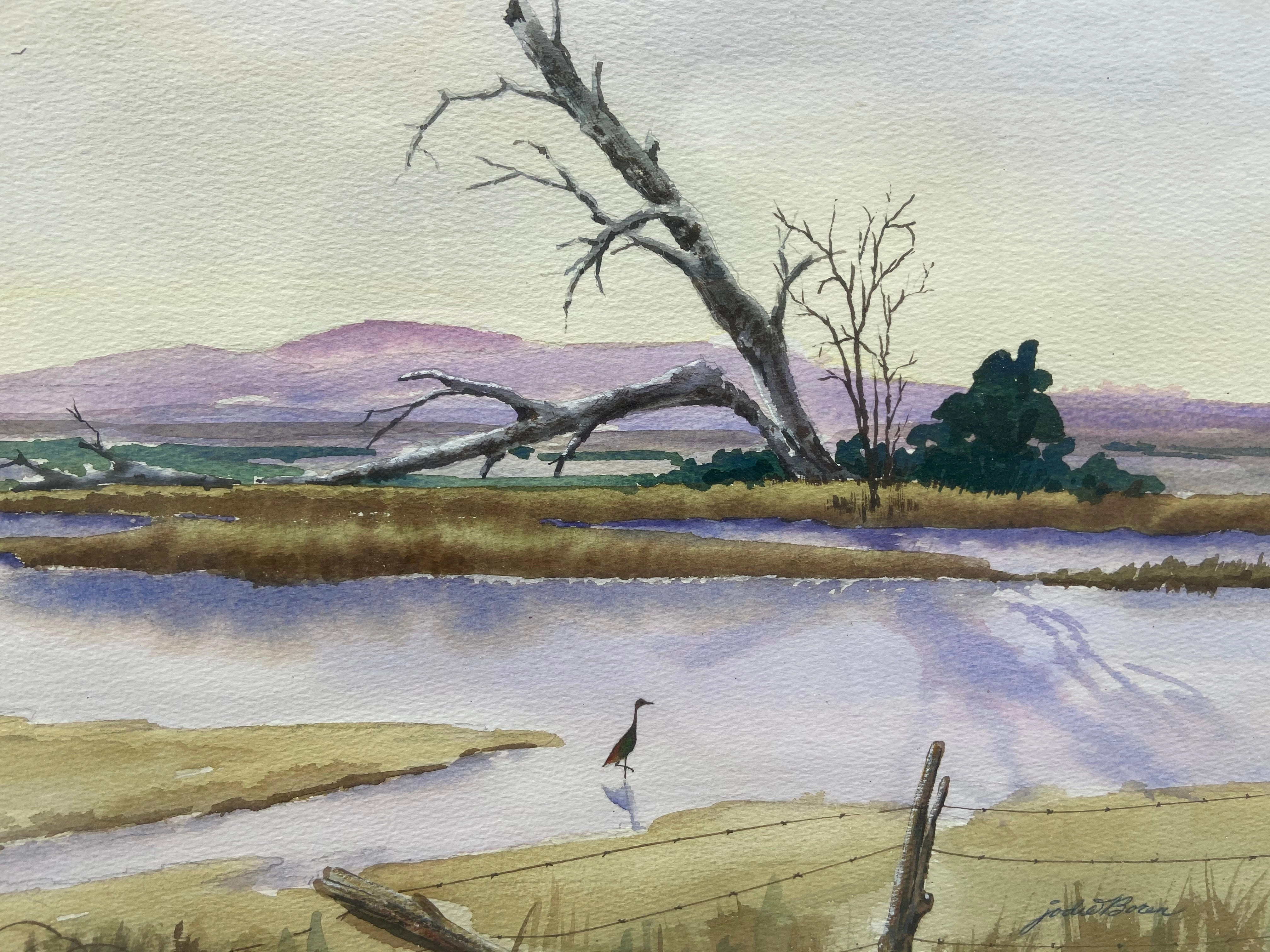 WATERCOLOR OF CRANES ON A POND BY JODIE BORAN