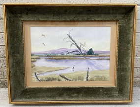 WATERCOLOR OF CRANES ON A POND BY JODIE BORAN classic mural painting