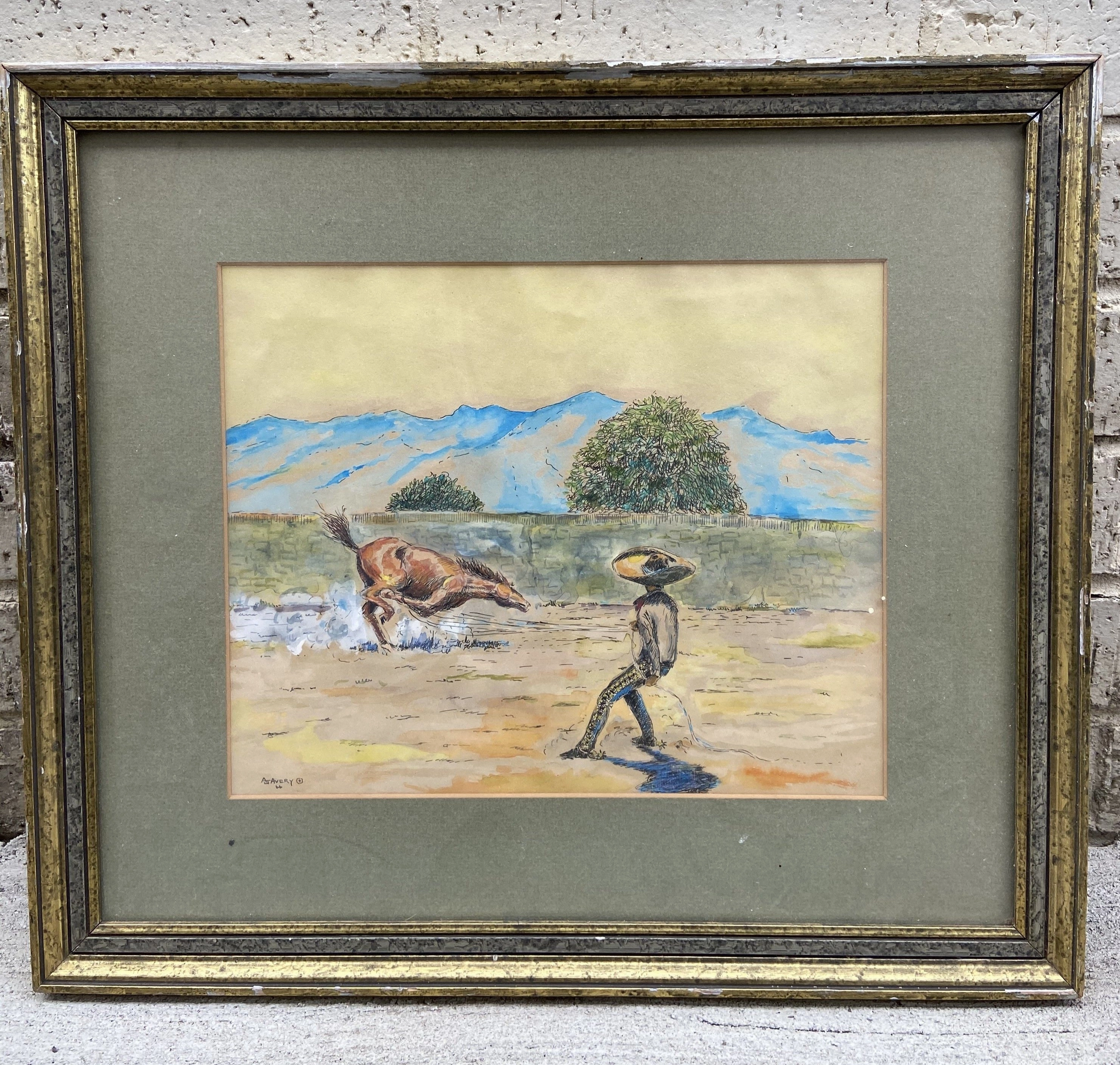 WATERCOLOR OF HISPANIC COWBOY ROPING A HORSE