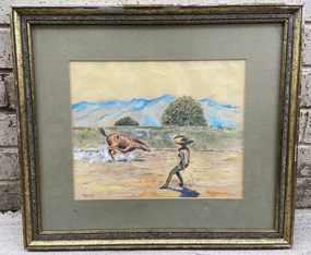 WATERCOLOR OF HISPANIC COWBOY ROPING A HORSE classic mural painting
