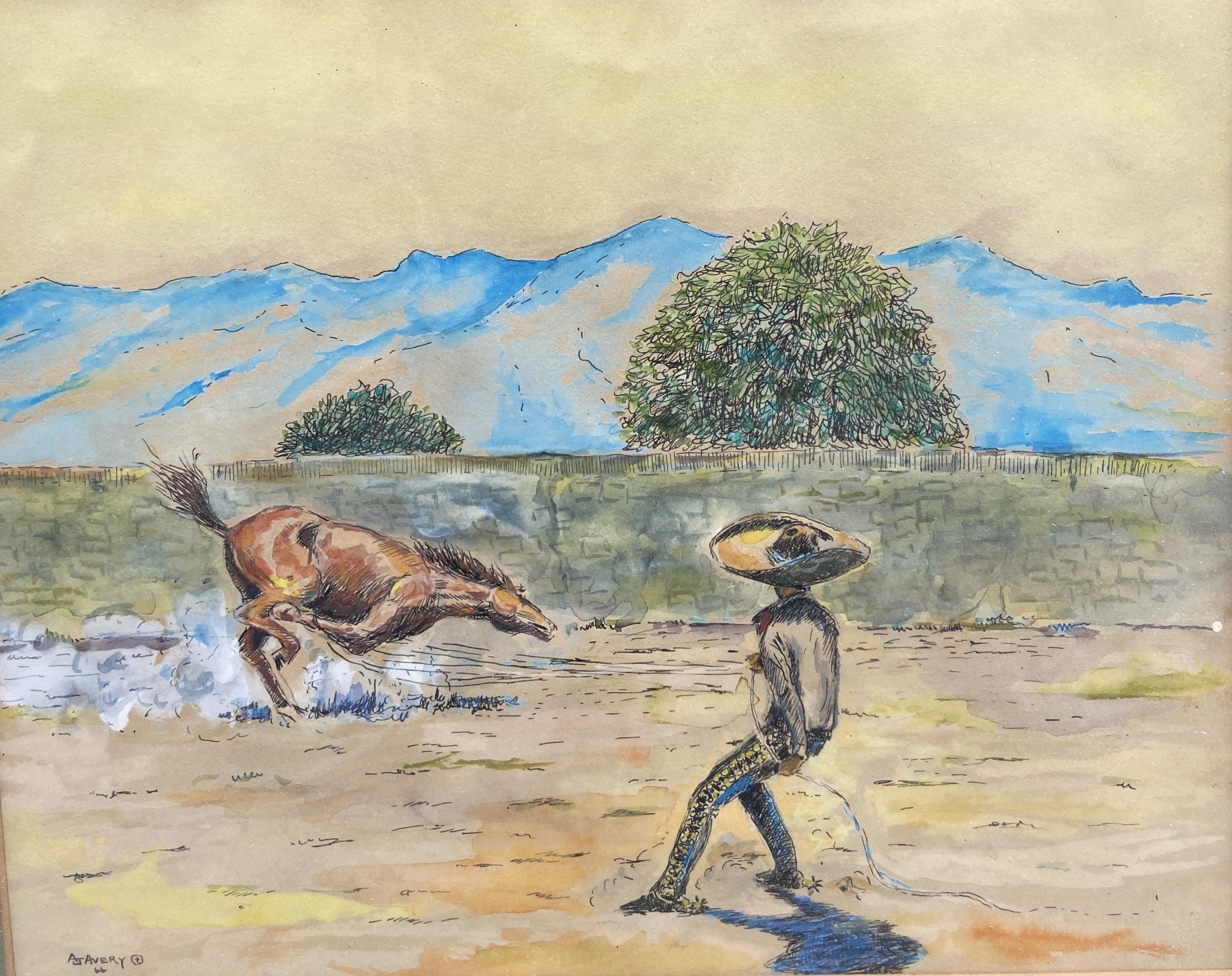 WATERCOLOR OF HISPANIC COWBOY ROPING A HORSE