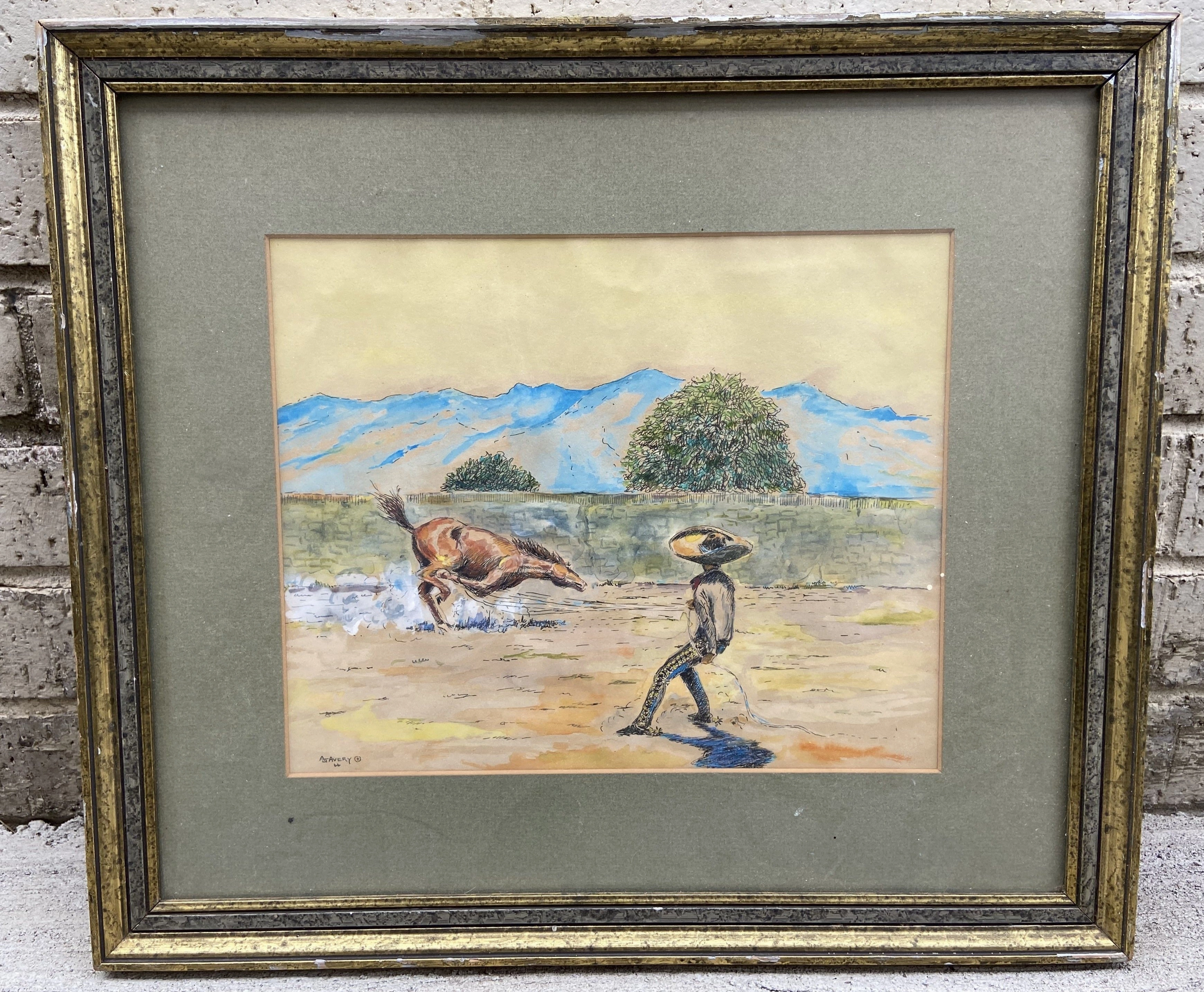WATERCOLOR OF HISPANIC COWBOY ROPING A HORSE classic mural painting