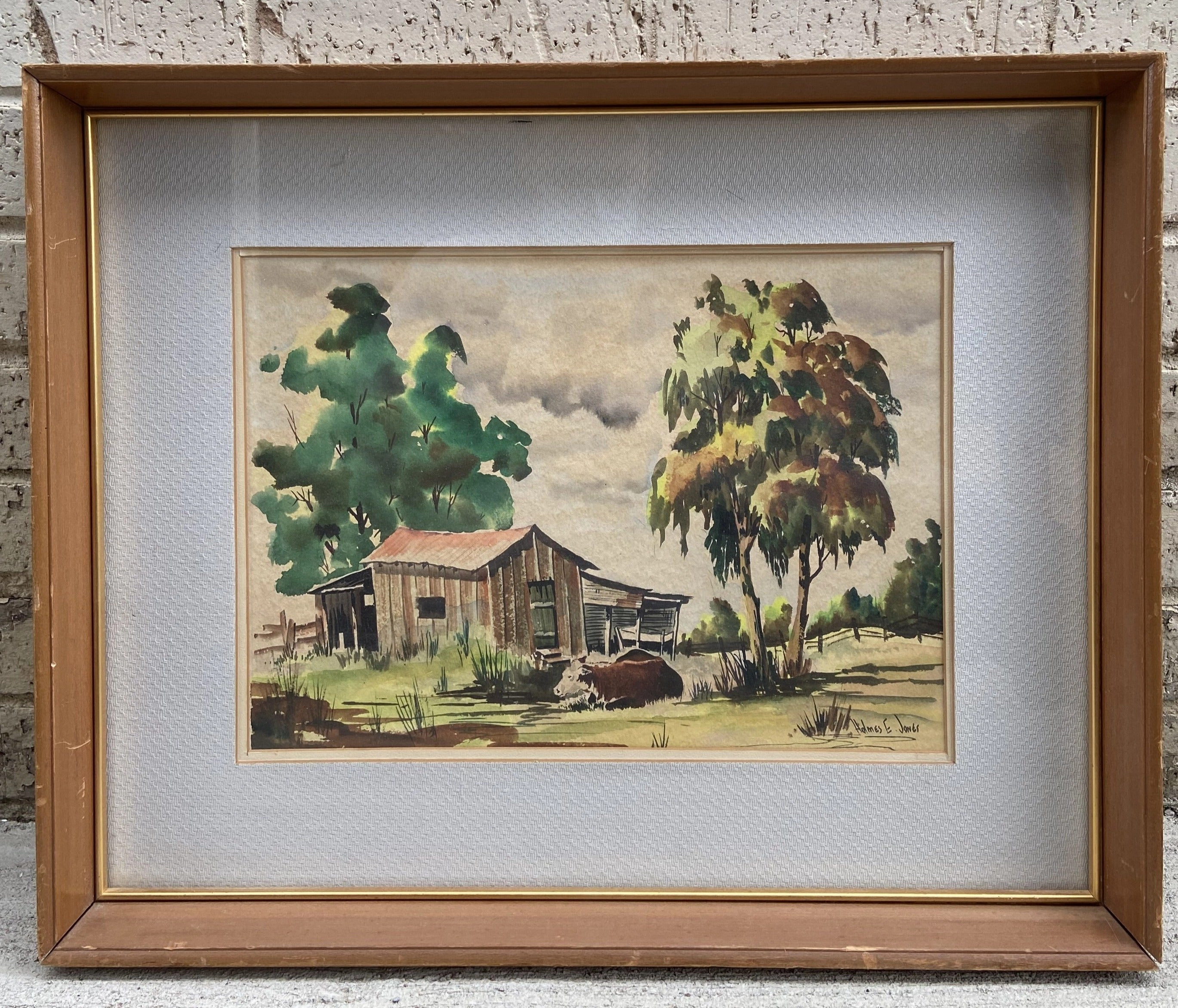 WATERCOLOR OF RUSTIC COW BARN WITH CATTLE BY HOLMES E. JONES classic mural painting