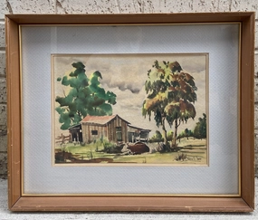 WATERCOLOR OF RUSTIC COW BARN WITH CATTLE BY HOLMES E. JONES classic mural painting