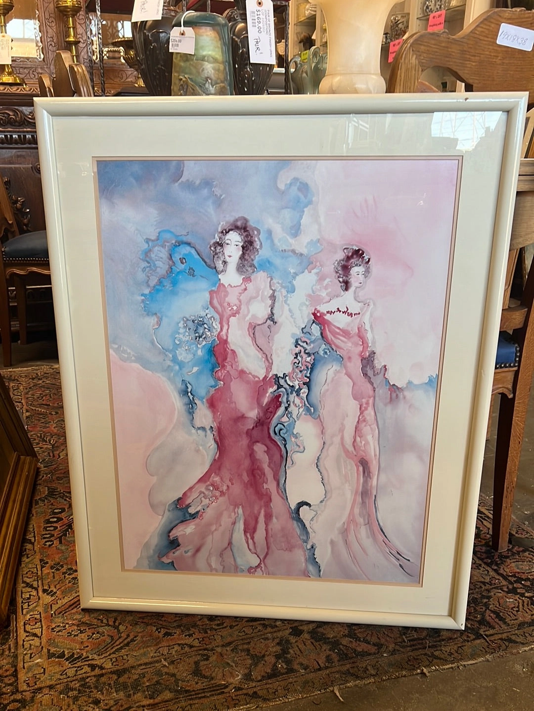 WATERCOLOR OF TWO WOMEN IN GLASS WITH CREAM COLOR FRAME classic mural painting