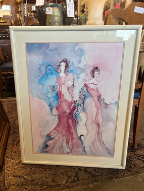 WATERCOLOR OF TWO WOMEN IN GLASS WITH CREAM COLOR FRAME classic mural painting