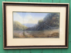 WATERCOLOR PAINTING OF A MOUNTAIN ROAD AND BARN classic mural painting