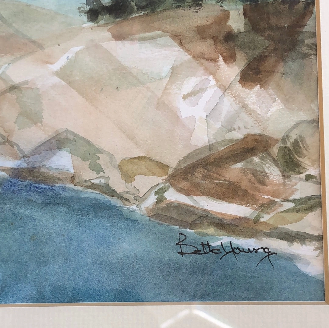 WATERCOLOR PAINTING OF A ROCKY SHORE BY BETTY YOUNG
