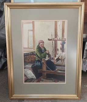 WATERCOLOR PAINTING OF A WOMAN WEAVING-SIGNED classic mural painting