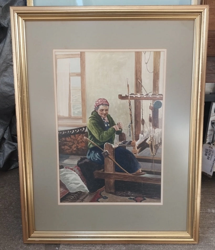 WATERCOLOR PAINTING OF A WOMAN WEAVING-SIGNED classic mural painting