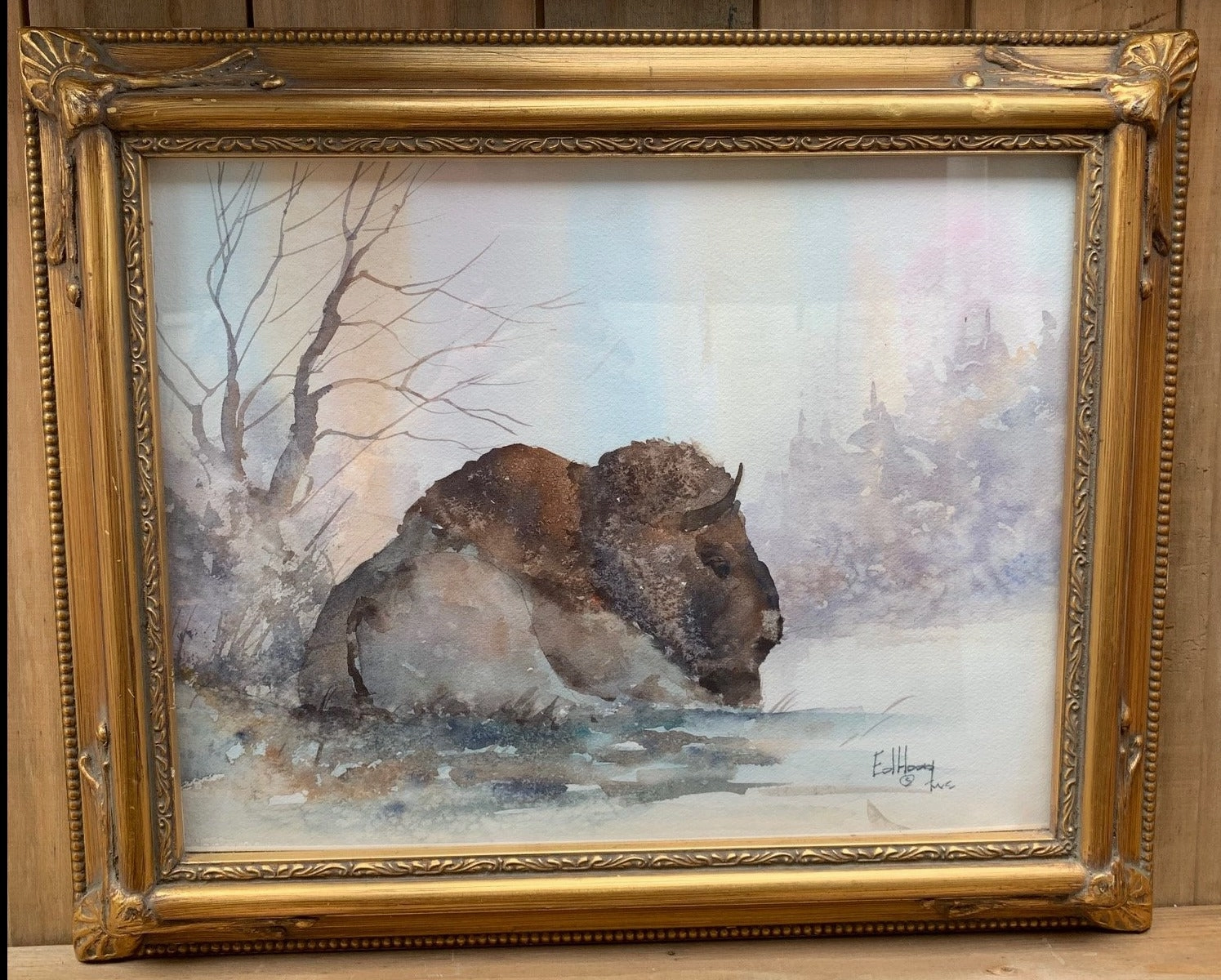 WATERCOLOR PAINTING OF BUFFALO BY ED HOAG classic mural painting