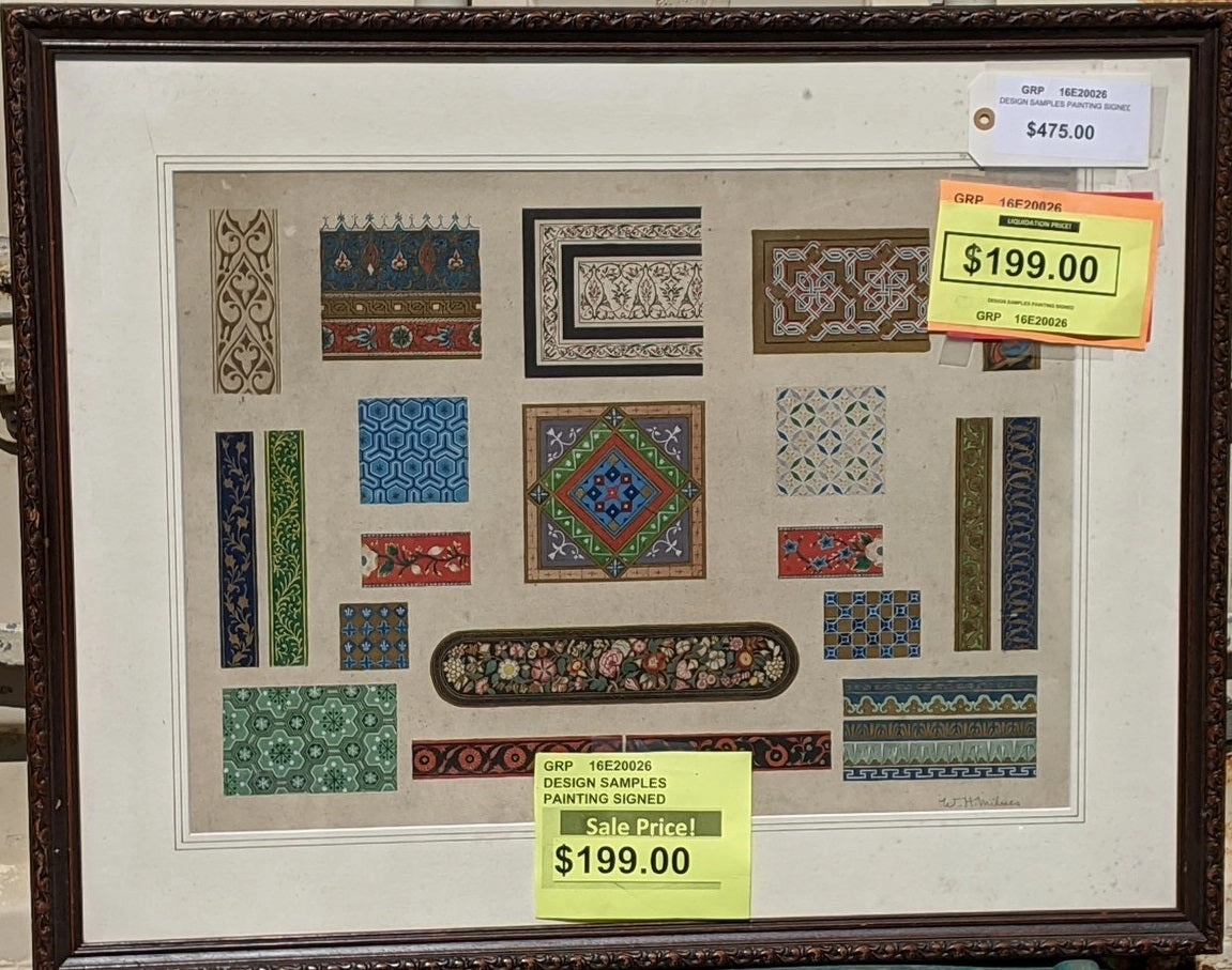 WATERCOLOR PAINTING OF COLLAGE OF TEXTILE SAMPLES BY WILLIAM HENRY MILNES