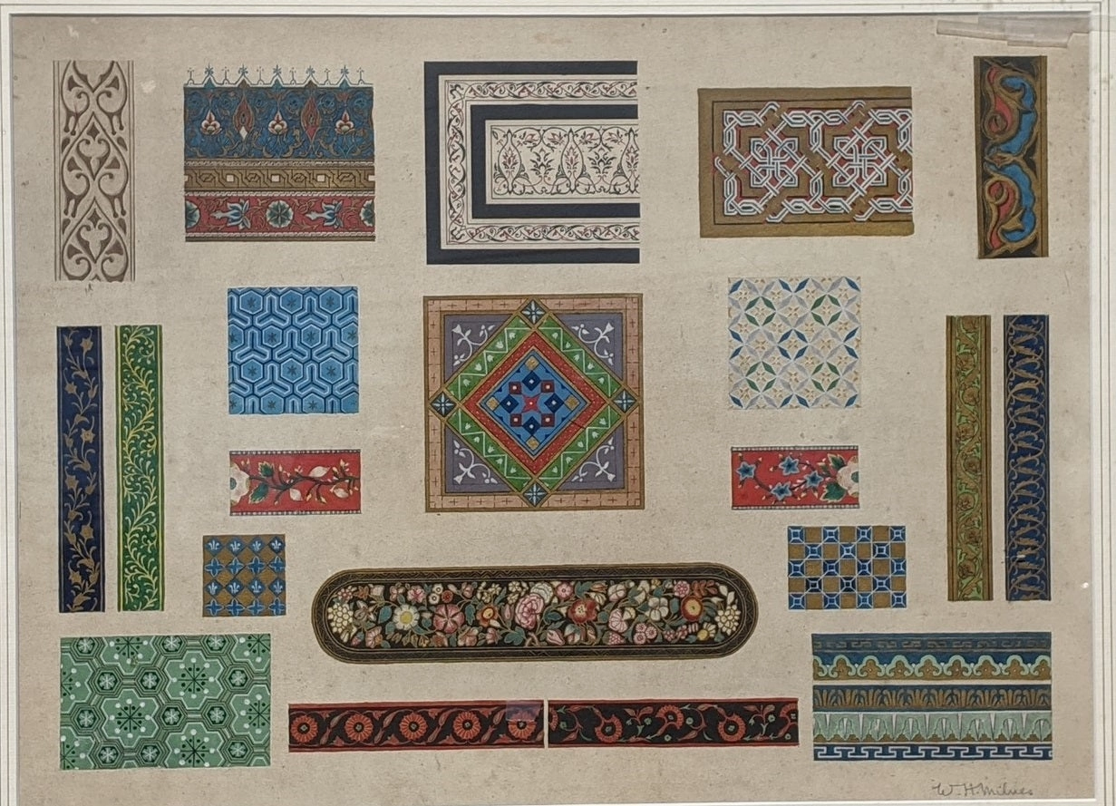 WATERCOLOR PAINTING OF COLLAGE OF TEXTILE SAMPLES BY WILLIAM HENRY MILNES