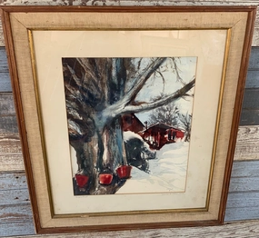 WATERCOLOR PAINTING OF SNOW SCENE WITH SAP BUCKETS SIGNED PRICE classic mural painting