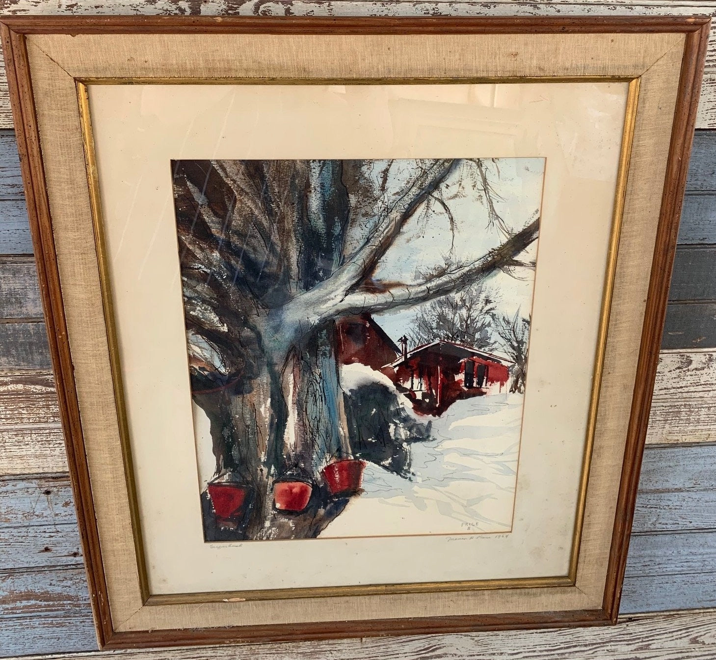 WATERCOLOR PAINTING OF SNOW SCENE WITH SAP BUCKETS SIGNED PRICE classic mural painting