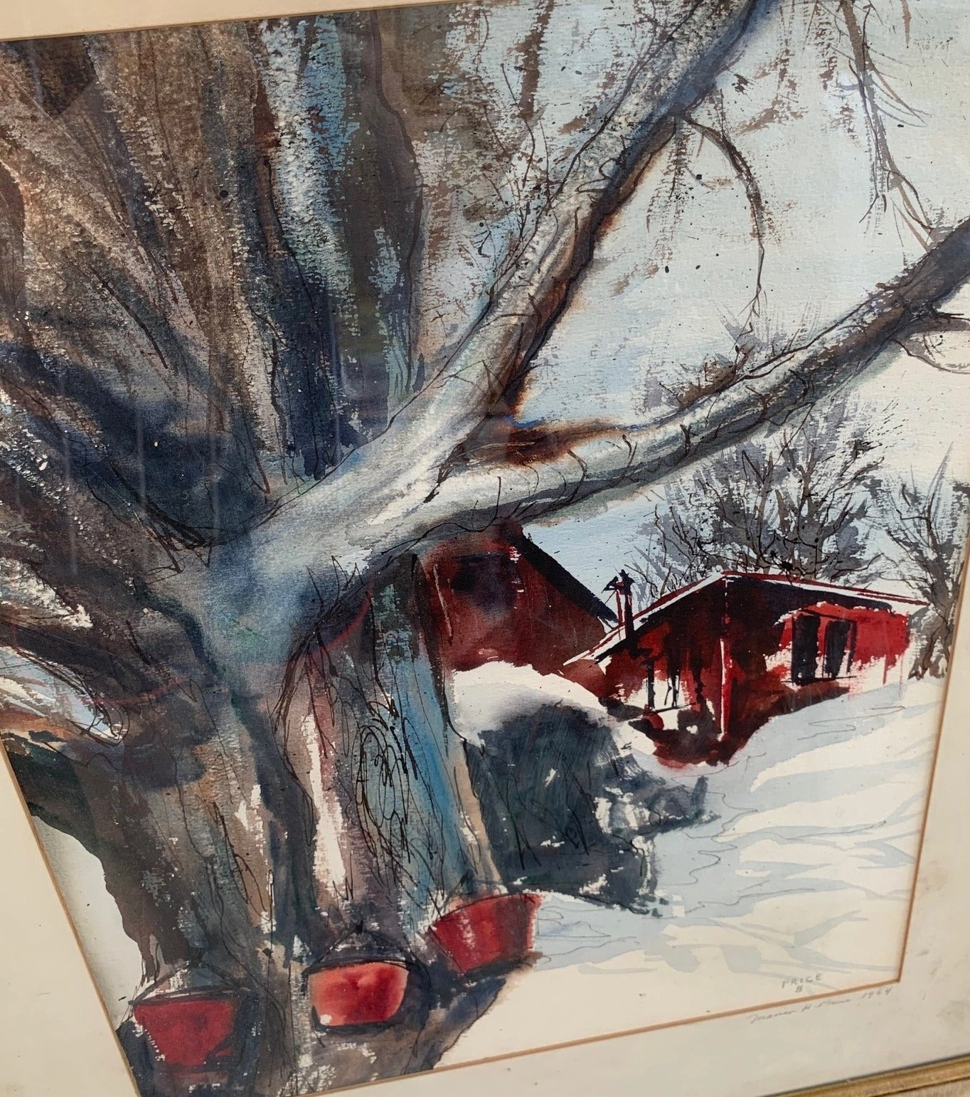 WATERCOLOR PAINTING OF SNOW SCENE WITH SAP BUCKETS SIGNED PRICE